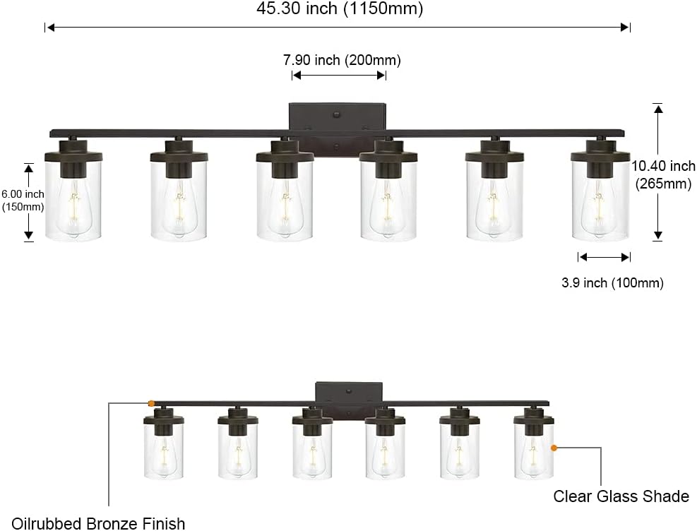 Oil Rubbed Bronze Bathroom Vanity Lights 6 Light, Bronze Vanity Lighting Fixtures with Glass Shade,Industrial Bathroom Light Fixtures Wall Sconces Lights for Kitchen Living Room Hallway