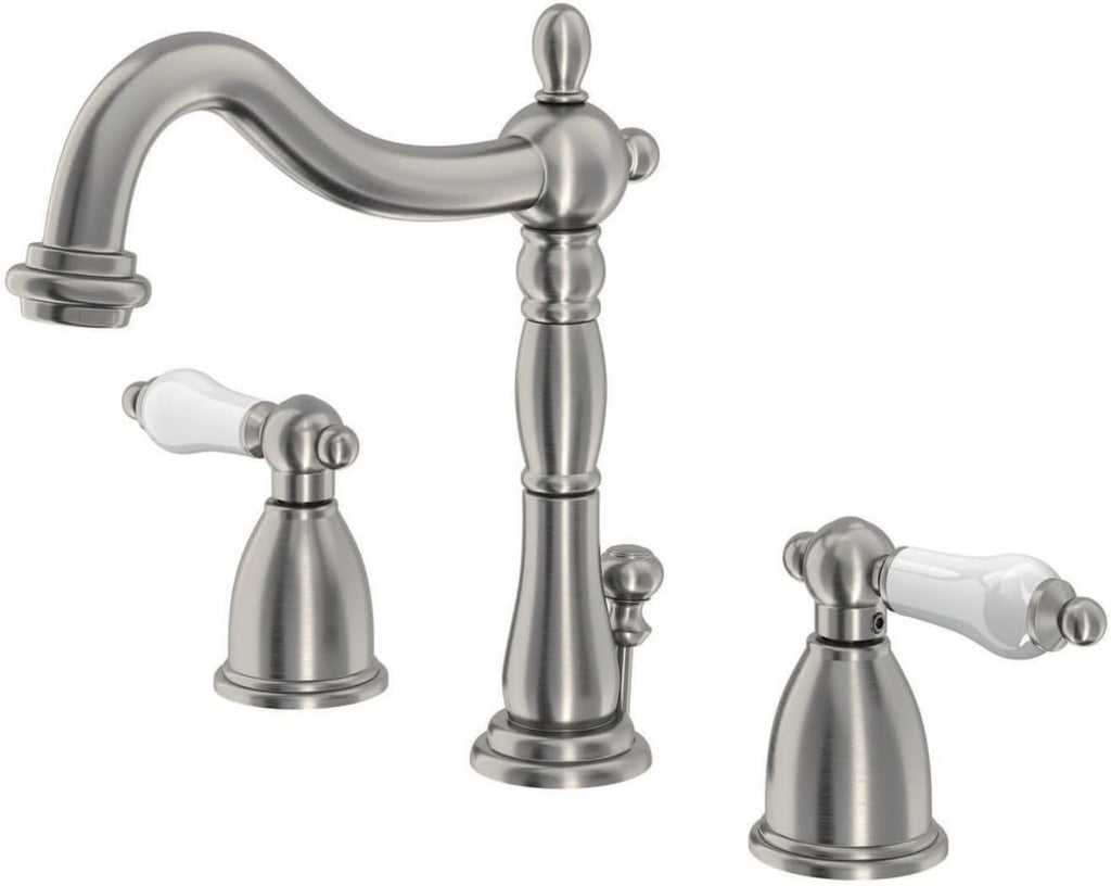 Kingston Brass KB1978PL Heritage Widespread Lavatory Faucet with Porcelain Lever Handle, Brushed Nickel