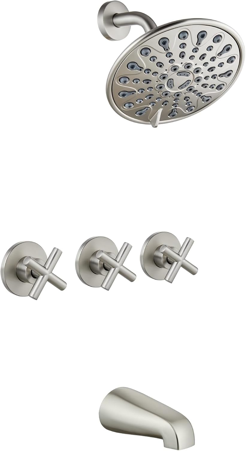 gotonovo 3 Handle Tub Shower Faucet Set, Tub and Shower Faucet Combo,Bathtub Faucet Set with 6 Settings Shower Head and Waterfall Tub Spout, Tub and Shower Trim Kit, Tub Shower Fixture Brushed Nickel