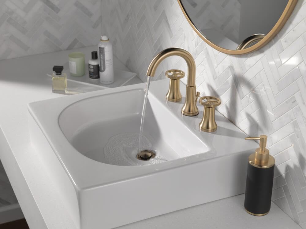 Delta Faucet Trinsic Widespread Bathroom Faucet 3 Hole, Gold Bathroom Faucet, Diamond Seal Technology, Metal Drain Assembly, Champagne Bronze 3558-CZMPU-DST