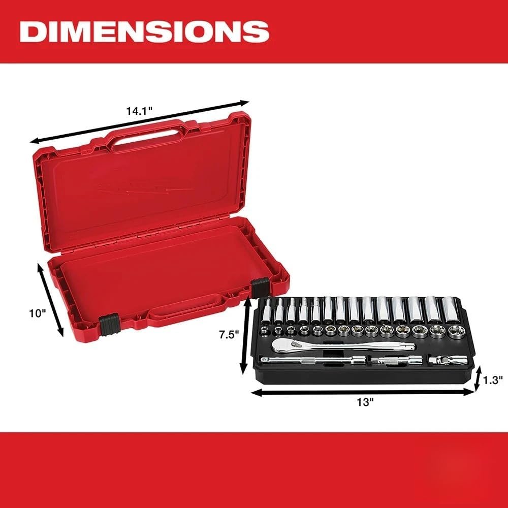 32 pc 48-22-9508 Ratchet Wrench Sets for Milwaukee 3/8-Inch Drive Durable Metric Ratchet and Socket Set Red/Silver