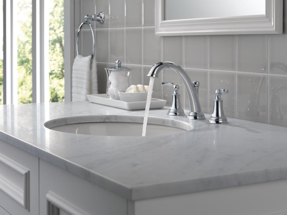Delta Woodhurst Chrome Bathroom Faucet 3 Hole, 8 Inch Widespread Bathroom Sink Faucet for Vanity, Metal Push-Pop Drain Assembly, Chrome 3532LF