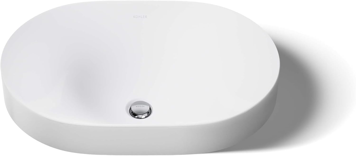 KOHLER 31701-0 Chalice 22-3/4' Oval Bathroom Vessel Sink, Above Counter Vanity Sink Basin, with Overflow, No Faucet Holes, White