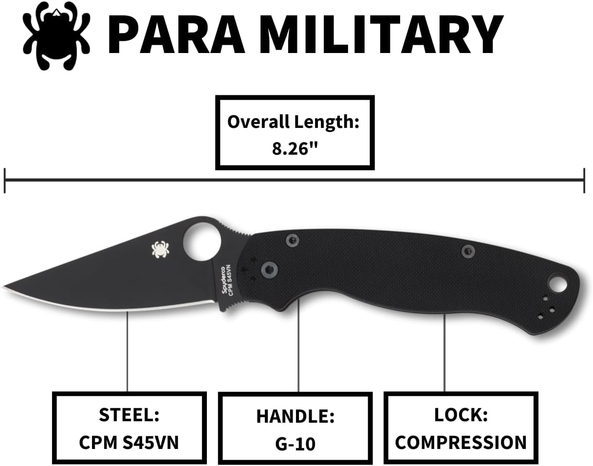 Spyderco Para Military 2 Folding Pocket Knife with 3.4' CPM S45VN Steel Blade and G-10 Handle - EDC Knife for Men and Women, Perfect for Hunting, Tactical, Camping, Survival - PlainEdge - C81GPBK2