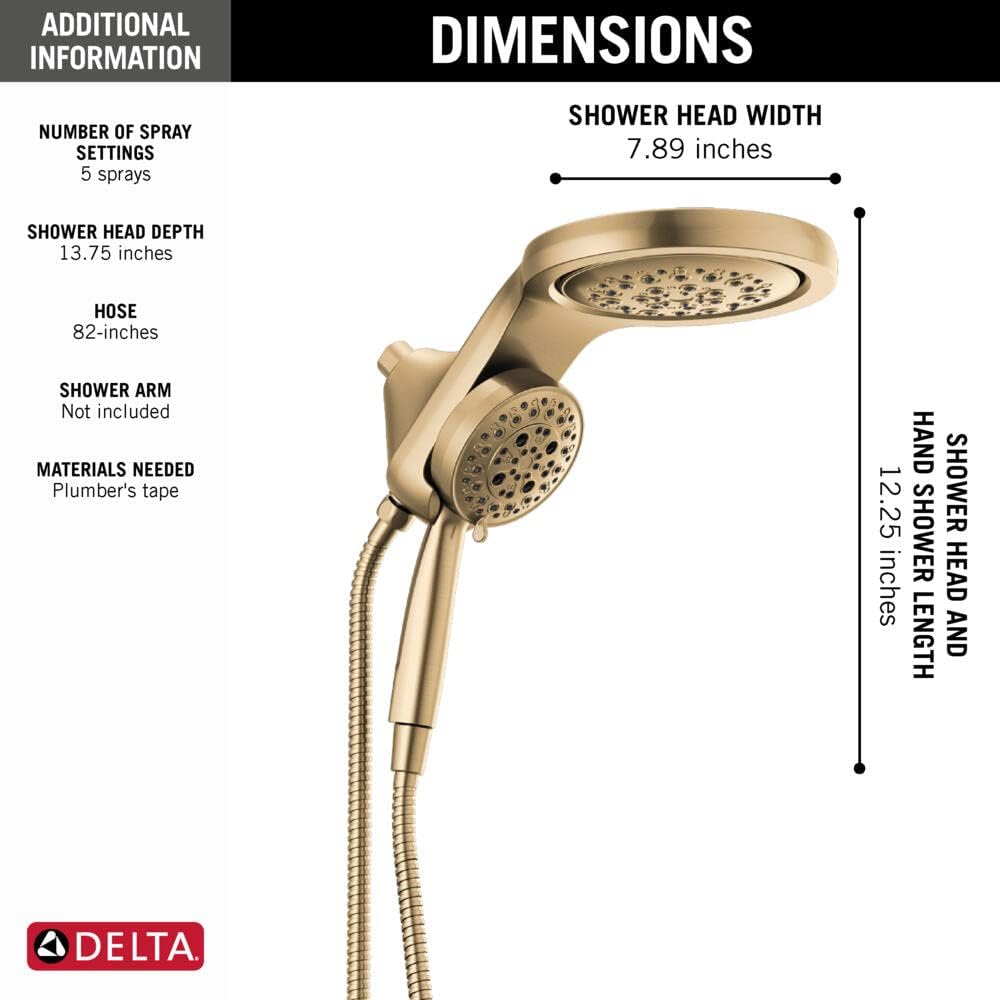 Delta Faucet HydroRain 5-Spray H2Okinetic Dual Shower Head with Handheld Spray, Gold Shower Head with Hose, Handheld Shower Heads, 2.5 GPM Flow Rate, Champagne Bronze 58680-CZ25