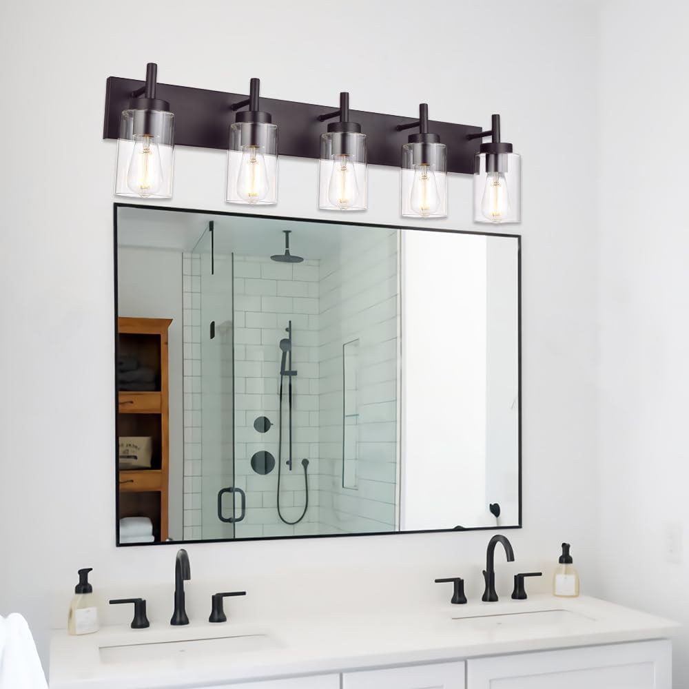 5 Lights Bathroom Vanity Light Fixture Oil Rubbed Bronze Sconces Wall Lighting Modern Industrial Indoor Wall Mounted Lamp Farmhouse for Kitchen Hallway (Patent No.: US D958,438 S)