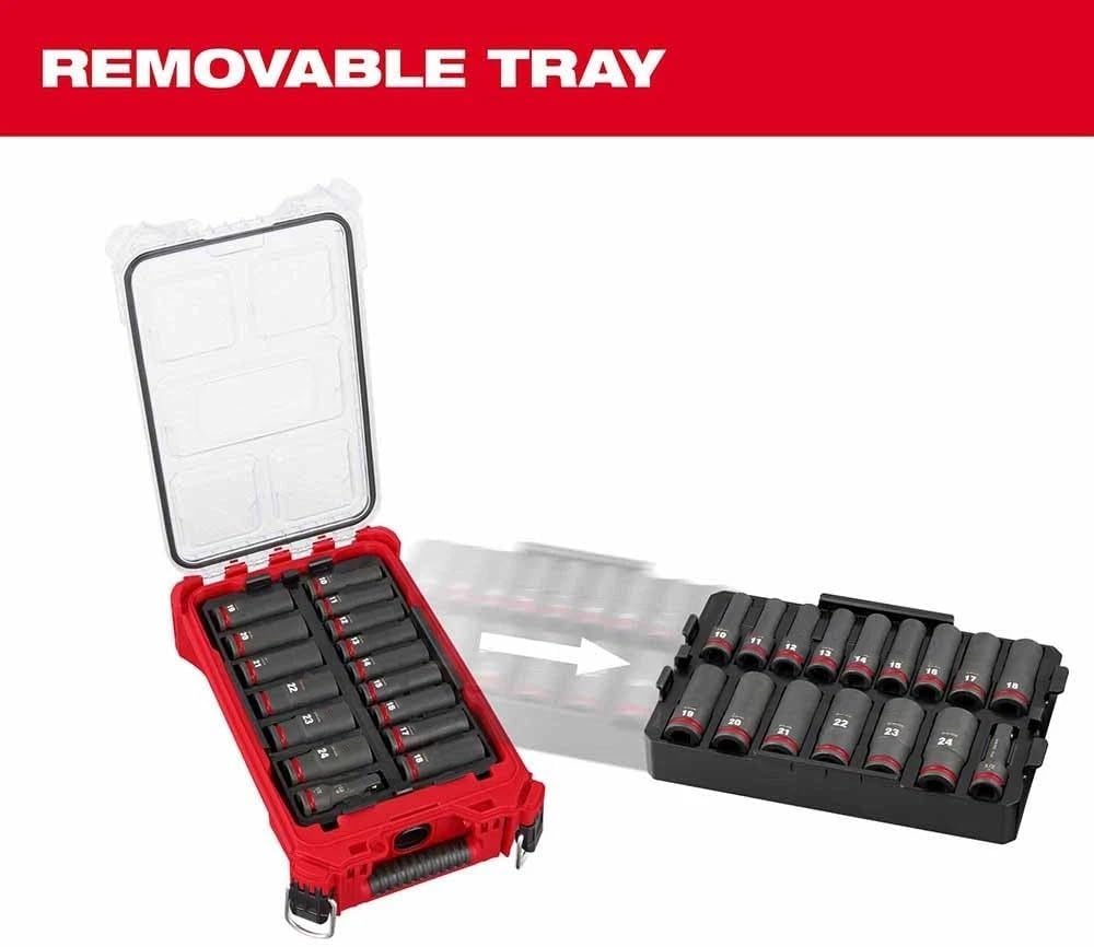 New 49-66-6803 for Milwaukee Impact Duty 1/2' Drive Metric Deep Well Socket Set Non-slip hex geometry with Removable Tray - 16pc