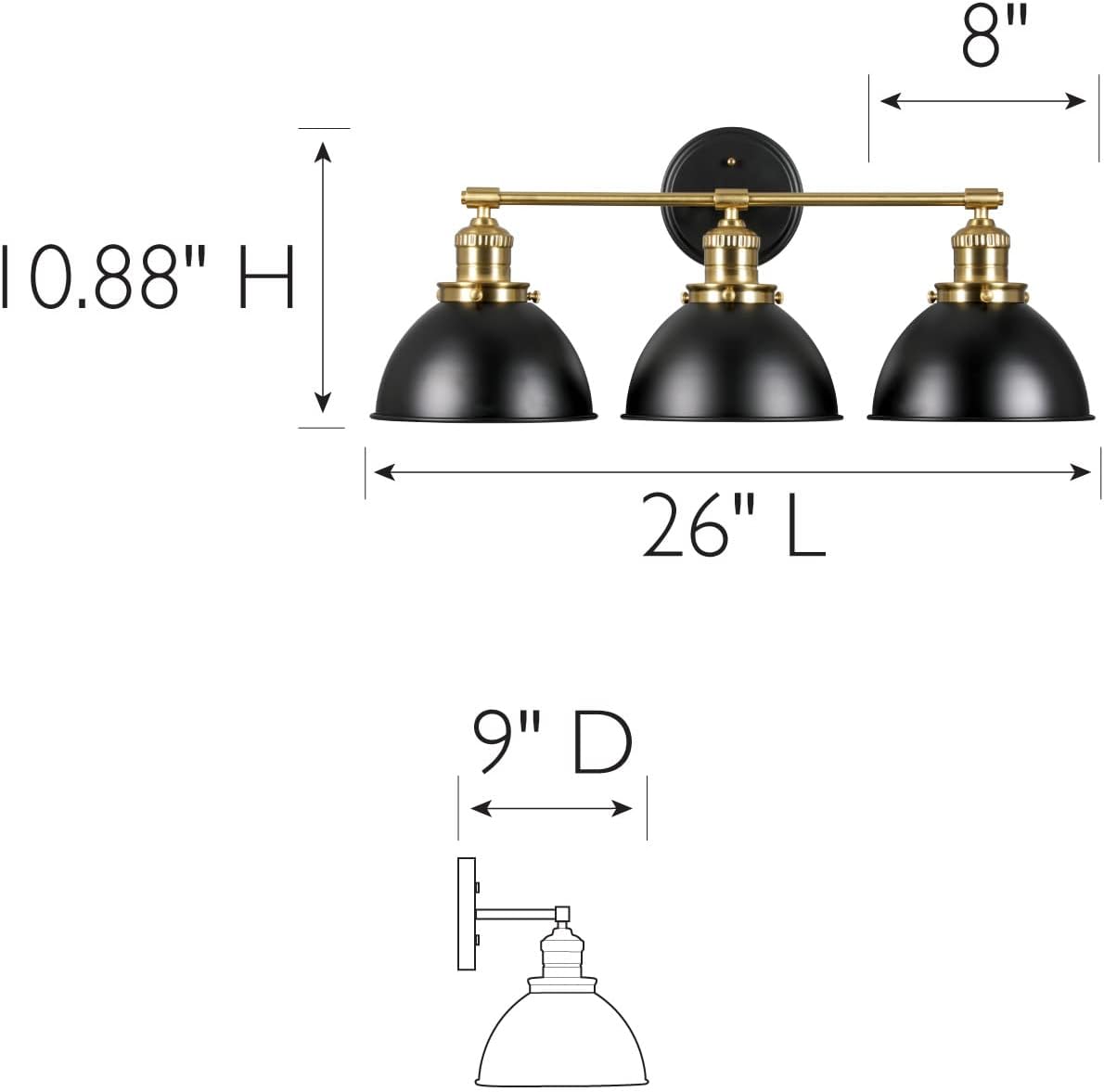 Design House Savannah Rustic Farmhouse 3-Light Bathroom Vanity Light, Dimmable, Satin Gold, Matte Black Metal Shade, 26 in x 9 in x 10.88 in, 588301-BGD