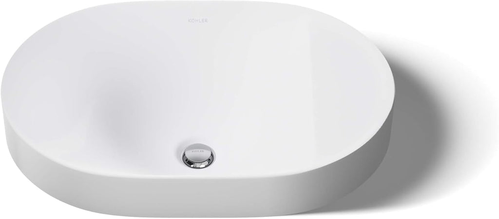 KOHLER 31703-0 Chalice 22-3/4' Oval Vessel Bathroom Sink Bowl with Storage Deck, Above Counter Vanity Sink Basin, with Overflow, No Faucet Holes, White