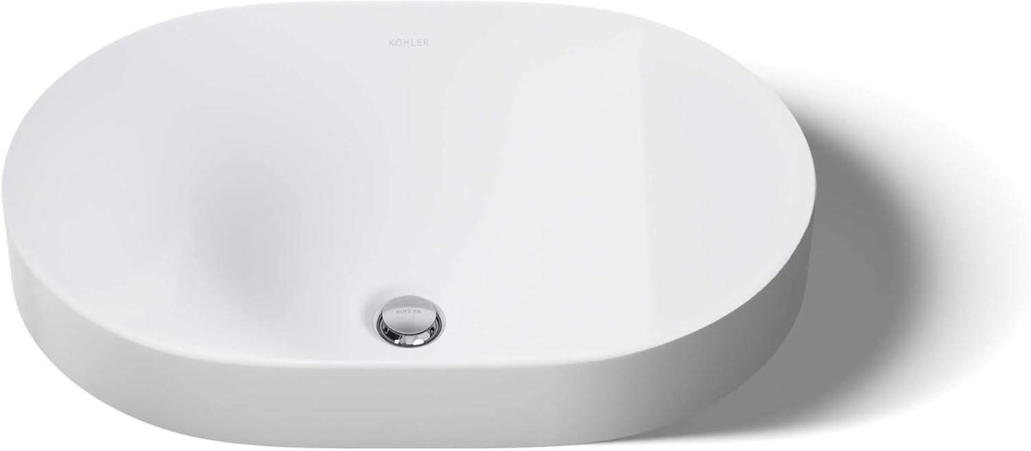 KOHLER 31703-0 Chalice 22-3/4' Oval Vessel Bathroom Sink Bowl with Storage Deck, Above Counter Vanity Sink Basin, with Overflow, No Faucet Holes, White