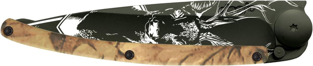 deejo - 37G Folding Pocket Knife with Belt Clip - Deer Design, 3.7-Inch Stainless Steel Blade, Brown Camo Handle - Lightweight Everyday Carry for Home, Work, and Outdoor Use
