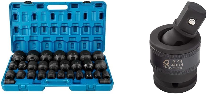 VEVOR Impact Socket Set 3/4 Inches 29 Piece Impact Sockets, 6-Point Sockets & SUNEX TOOLS 4304, 3/4 Inch Drive, Universal Impact Joint, Cr-Mo Steel, Radius Corner Design, Flexible