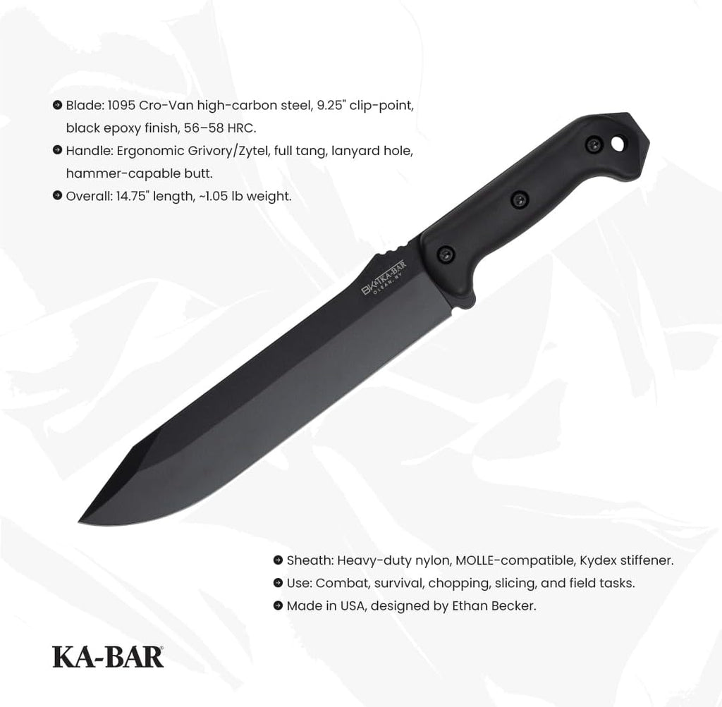 Ka-Bar Becker BK9 Combat Bowie Fixed Blade Knife, Black