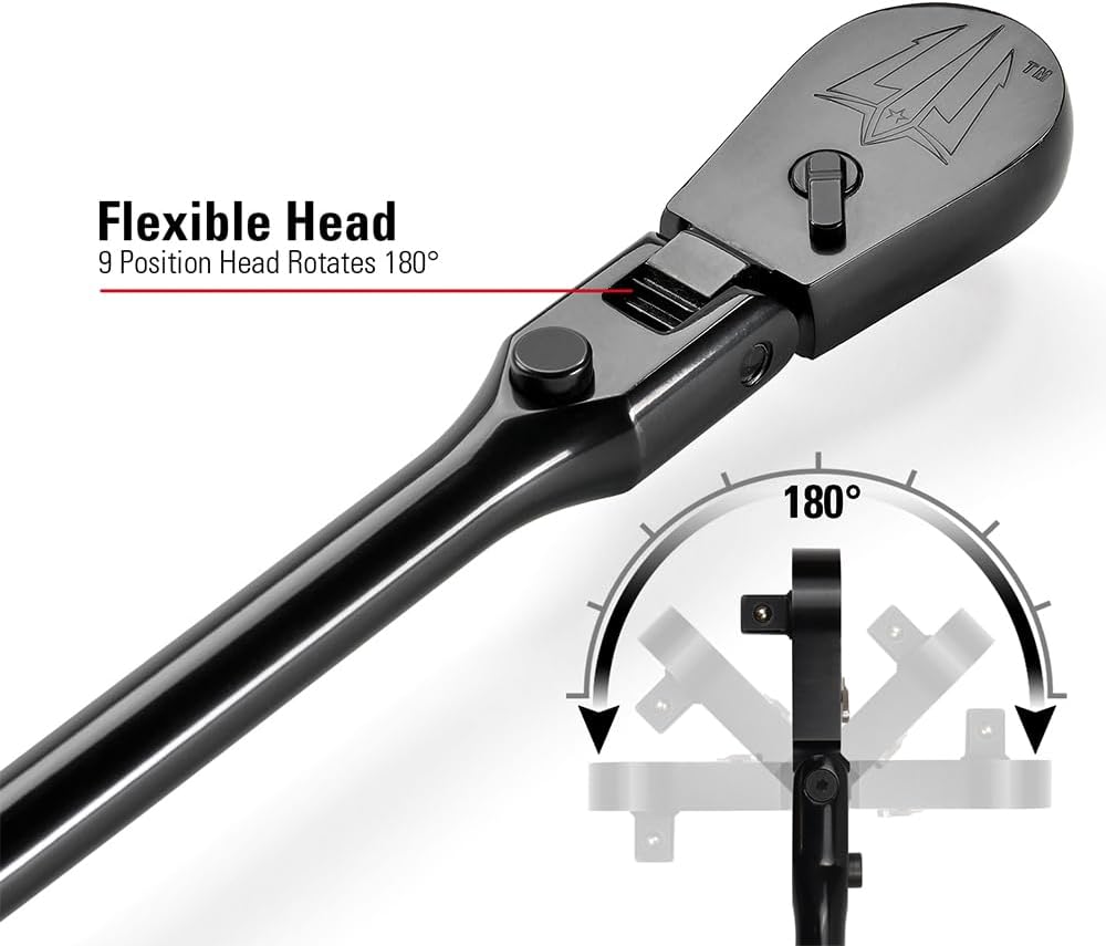 STARWORK TRUE MECHANIC™ 1/2' Drive 90 Tooth Dust-Proof Black Chrome Locking Flex Ratchet, Extra Long 33' Length
