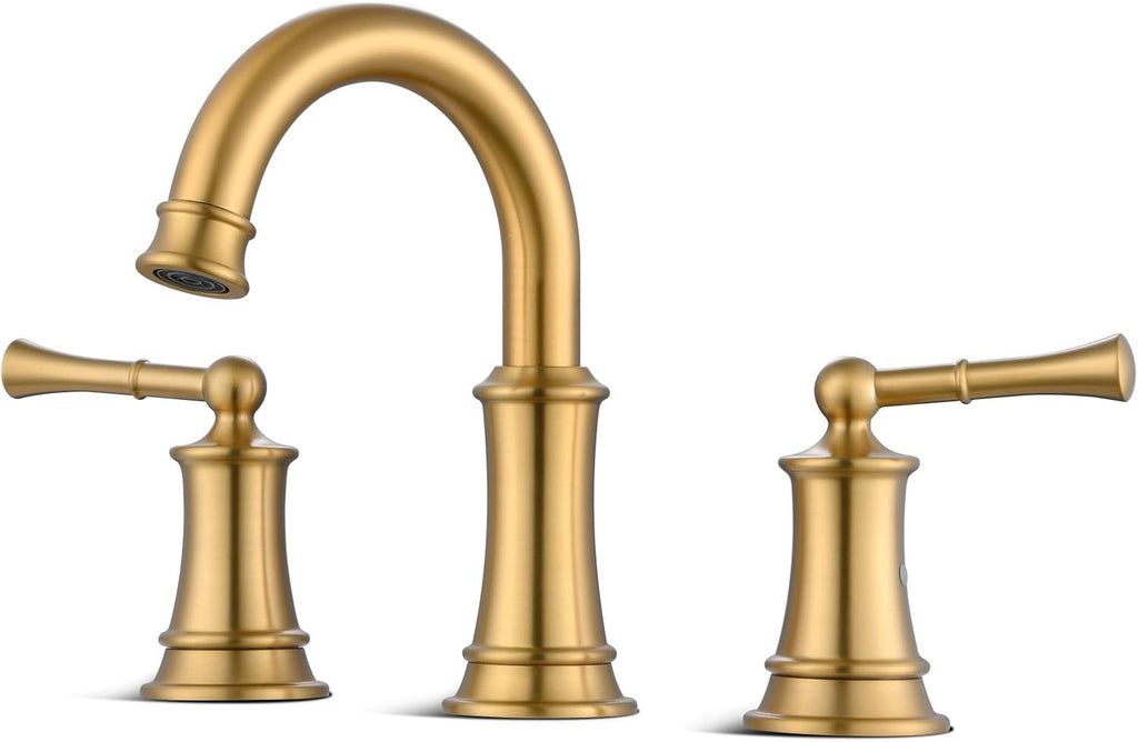 Brushed Gold Bathroom Faucet 8 Inch, Brass Bathroom Faucet, 3 Hole Gold Bathroom Faucet with Pop-Up Drain and 2 Supply Hoses for Vanity, Lavatory, RV Farmhouse (L2304-BG)