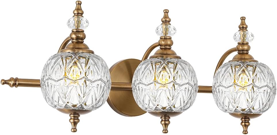 Brushed Antique Brass Bathroom Vanity Light Fixture Vintage Style - 3 Light G9 Bulb Compatible, 23' Wide Bathroom Lighting Over Mirror with Hand-Etched Glass Shades, Easy Mount for Makeup Area