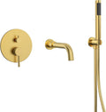 Brushed Gold Wall Mount Bathtub Faucet with Handheld Shower, High Flow Tub Filler, Solid Brass Rough-in Valve Included, Single Handle Bathroom Fixture