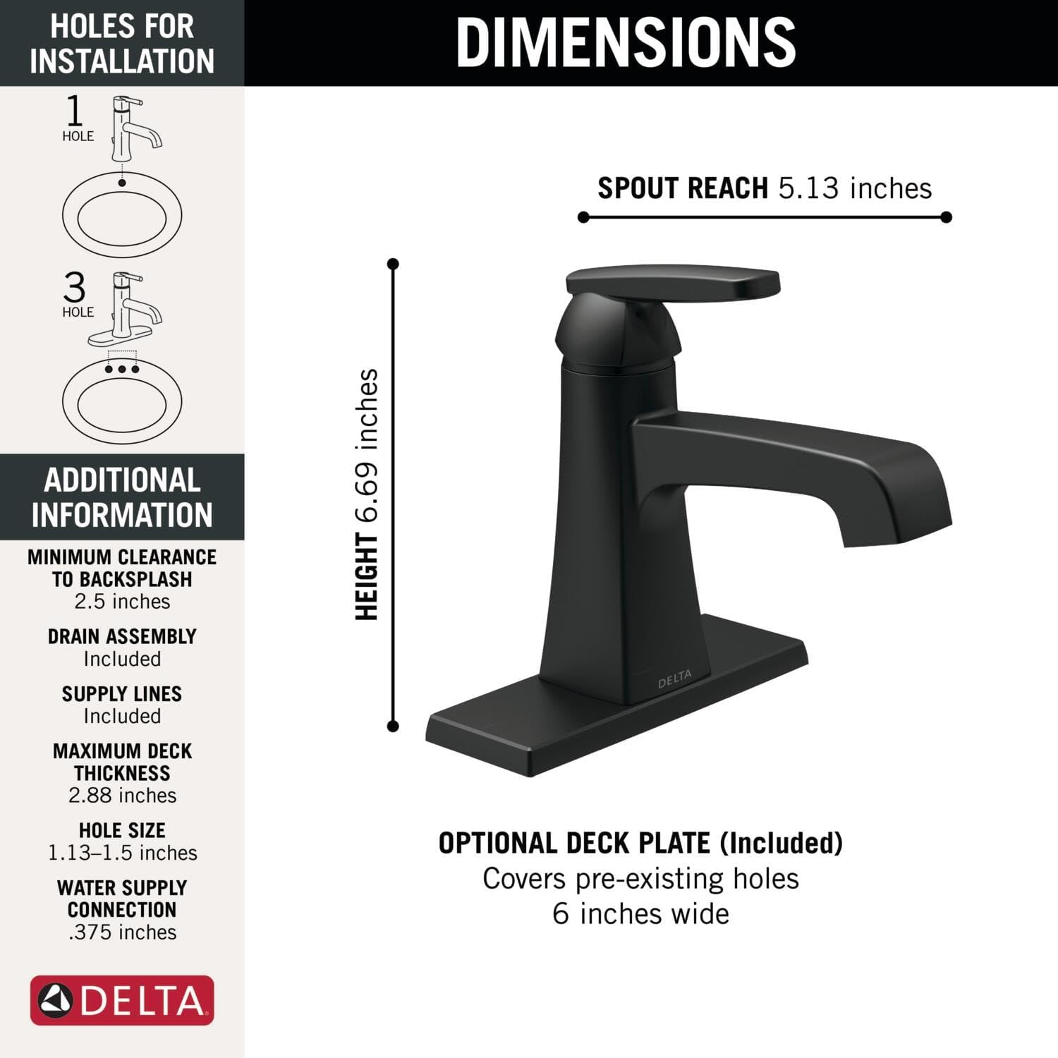 Delta Ashlyn Matte Black Bathroom Faucet 1 Hole, Single Hole Bathroom Sink Faucet for Vanity, Metal Push-Pop Drain Assembly, Matte Black 564-BLMPU-DST
