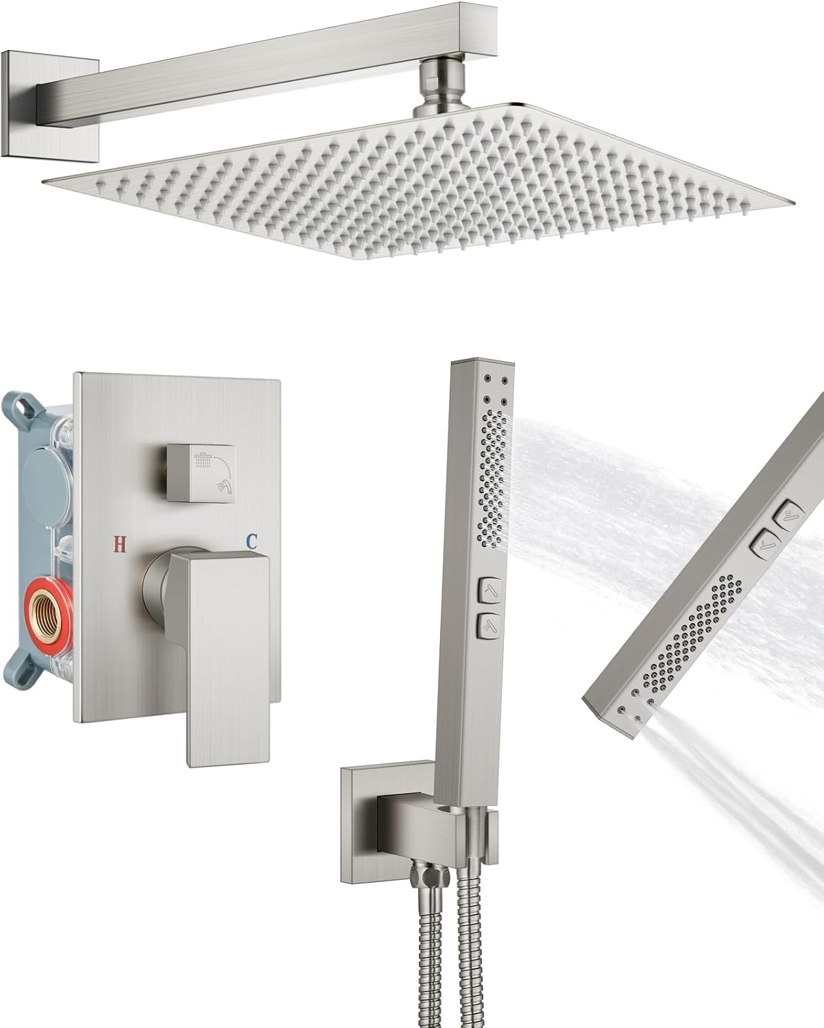 Shower Faucet Set Rainfall Shower System with Square Showerhead and Handle Set Fixture with 2 in 1 Function Handheld Sprayer Wall Mounted Trim Repair Kit Rough-in Valve 16 Inch Brushed Nickel
