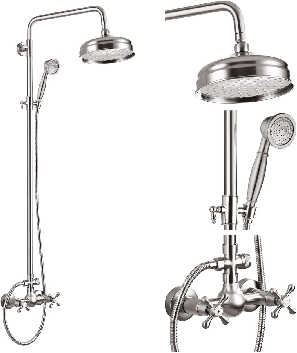 gotonovo Bathroom Exposed Shower Fixtures 8 Inch Rain Showerhead Double Cross Handles 2 Function Wall Mount Shower Faucet Set, Brass Handheld Spray, Brushed Nickel