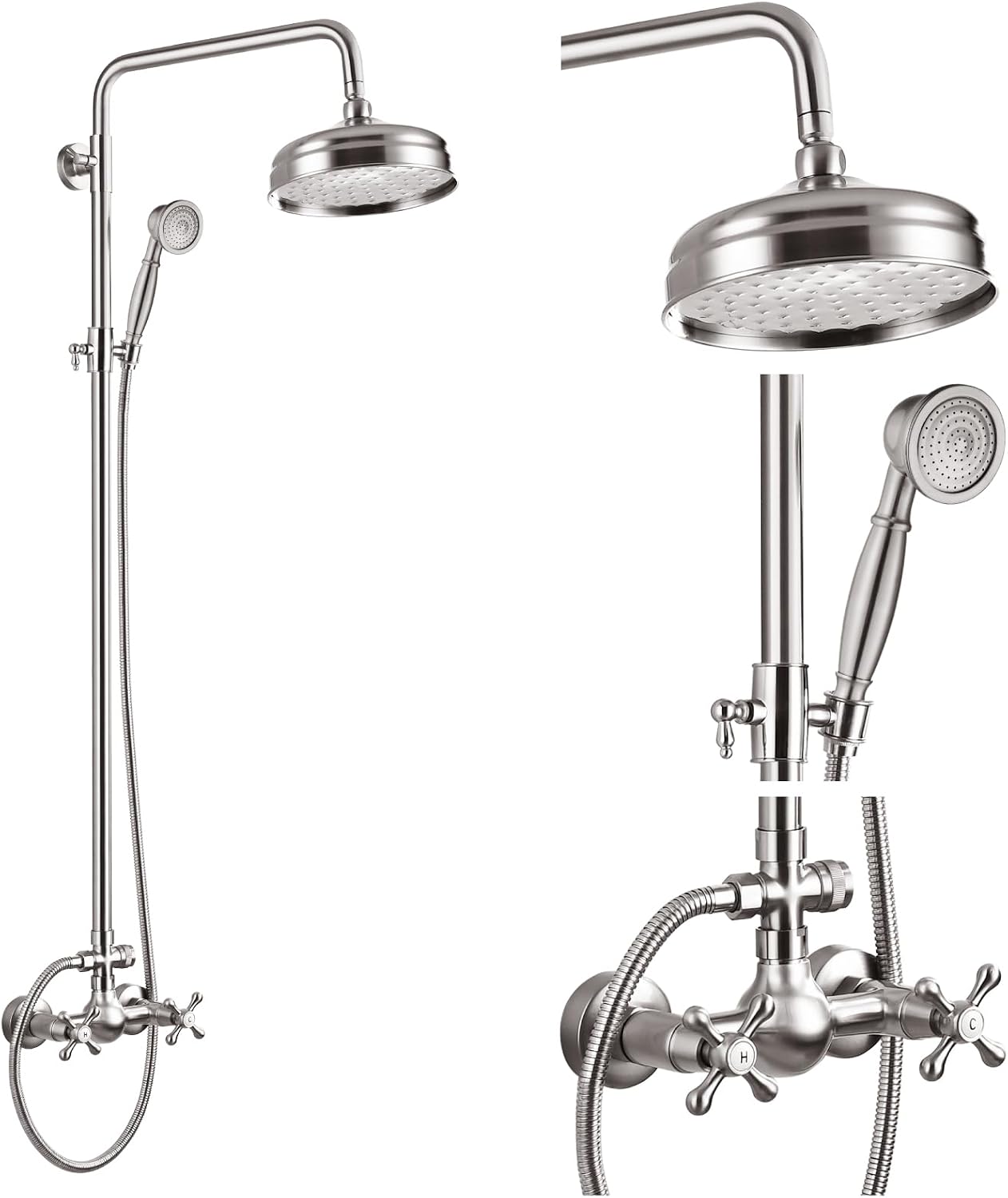 gotonovo Bathroom Exposed Shower Fixtures 8 Inch Rain Showerhead Double Cross Handles 2 Function Wall Mount Shower Faucet Set, Brass Handheld Spray, Brushed Nickel