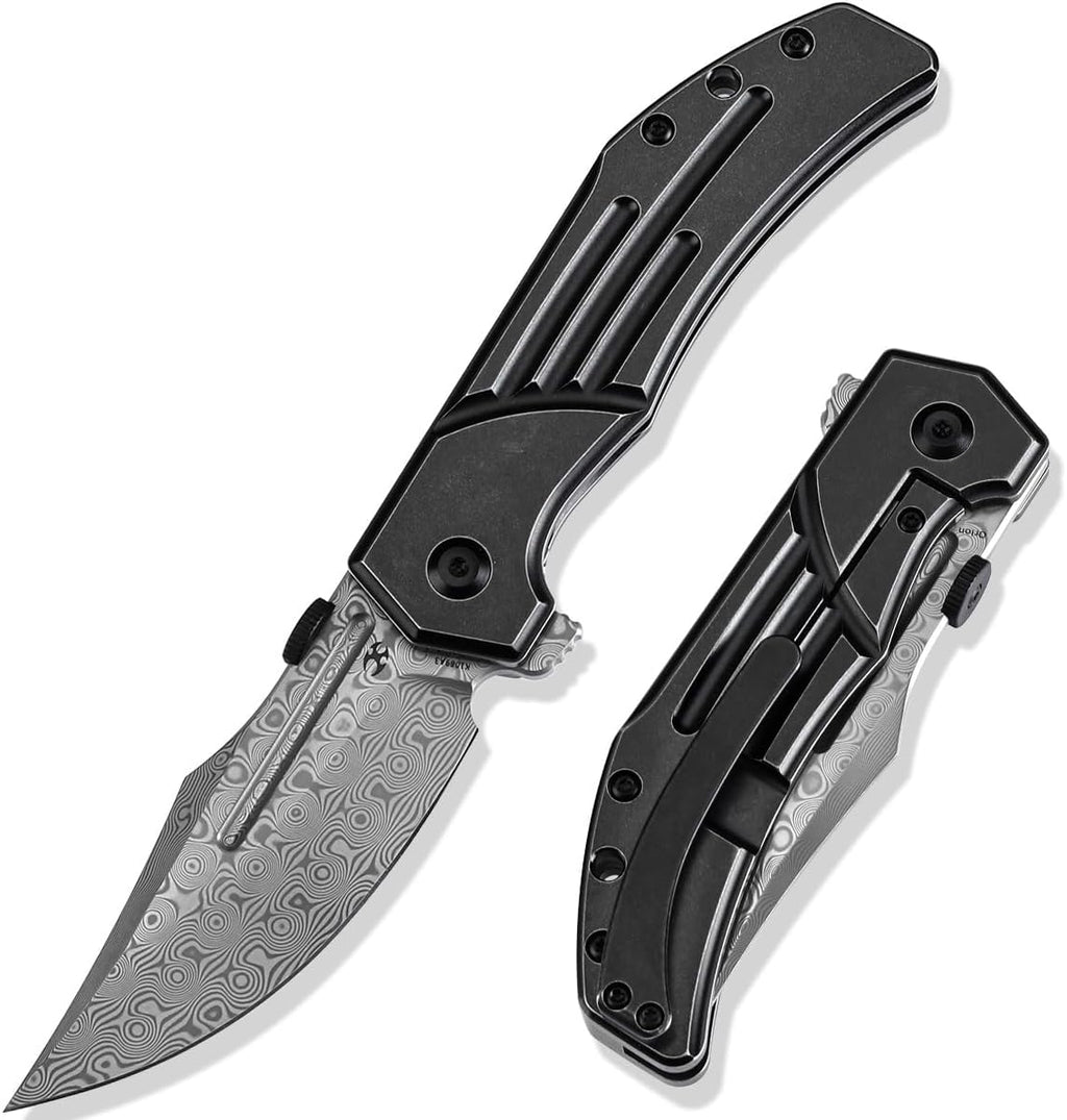 KANSEPT Orion Pocket Knife, 3.07'' Damascus Elegant Blade with Blood Groove, CNC Black Anodized Milling Titanium Handle and Flipper, for Men Women Camping Survival Hunting Folding Knives K1089A3