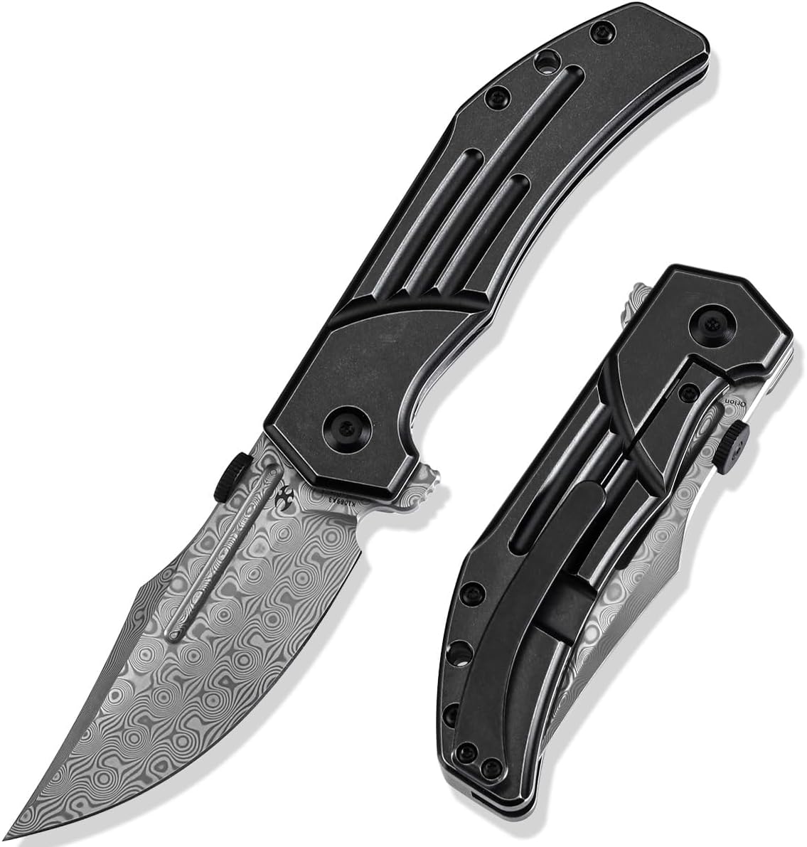 KANSEPT Orion Pocket Knife, 3.07'' Damascus Elegant Blade with Blood Groove, CNC Black Anodized Milling Titanium Handle and Flipper, for Men Women Camping Survival Hunting Folding Knives K1089A3