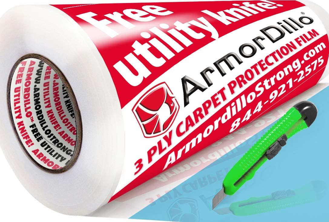 ArmorDillo 18.44 per roll 9 Rolls (case) Only Carpet Film with Easy Start, Free Utiltity Knife, Full 3 Mil - 3 Layer PEP, Bubble Adhesive, and 100% Made in USA