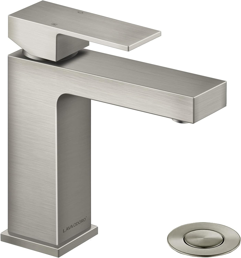 Lava Odoro Single Hole Bathroom Faucet, Brushed Nickel Bathroom Sink Faucet Single Handle Vanity Faucet with Pop up Drain Assembly, Deck Plate Included, BF307-BN