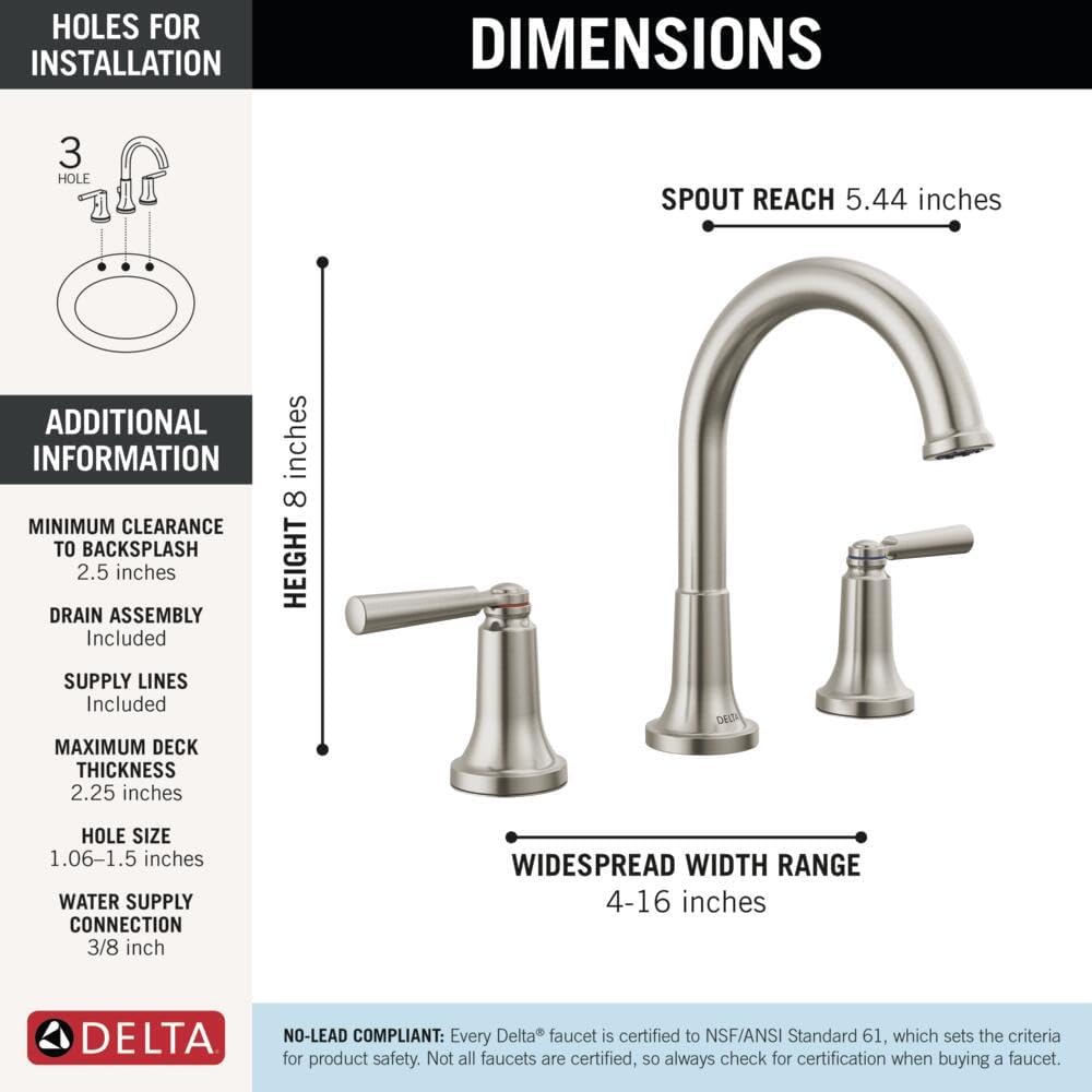 Delta Saylor Brushed Nickel Bathroom Faucet 3 Hole, 8 Inch Widespread Bathroom Sink Faucet for Vanity, Metal Push-Pop Drain Assembly, Stainless 3535-SSMPU-DST