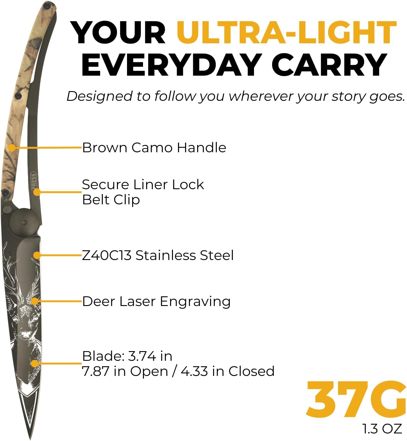 deejo - 37G Folding Pocket Knife with Belt Clip - Deer Design, 3.7-Inch Stainless Steel Blade, Brown Camo Handle - Lightweight Everyday Carry for Home, Work, and Outdoor Use