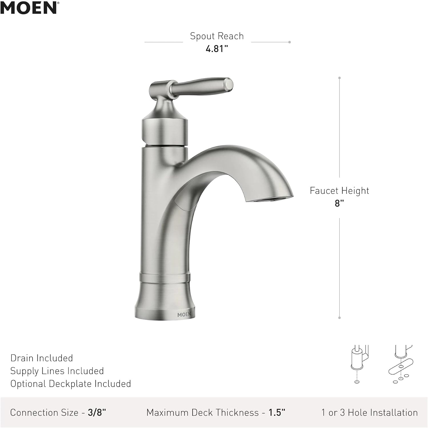 Moen Halle Matte Black One-Handle Single Hole Bathroom Sink Faucet with Optional Deckplate, 84970BL