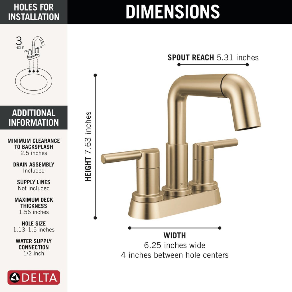 Delta Nicoli Centerset Brushed Gold Bathroom Faucet with Sprayer, 4 Inch 3 Hole Bathroom Sink Faucet with Pull Out Sprayer, Push-Pop Drain, Champagne Bronze 25849LF-CZPD