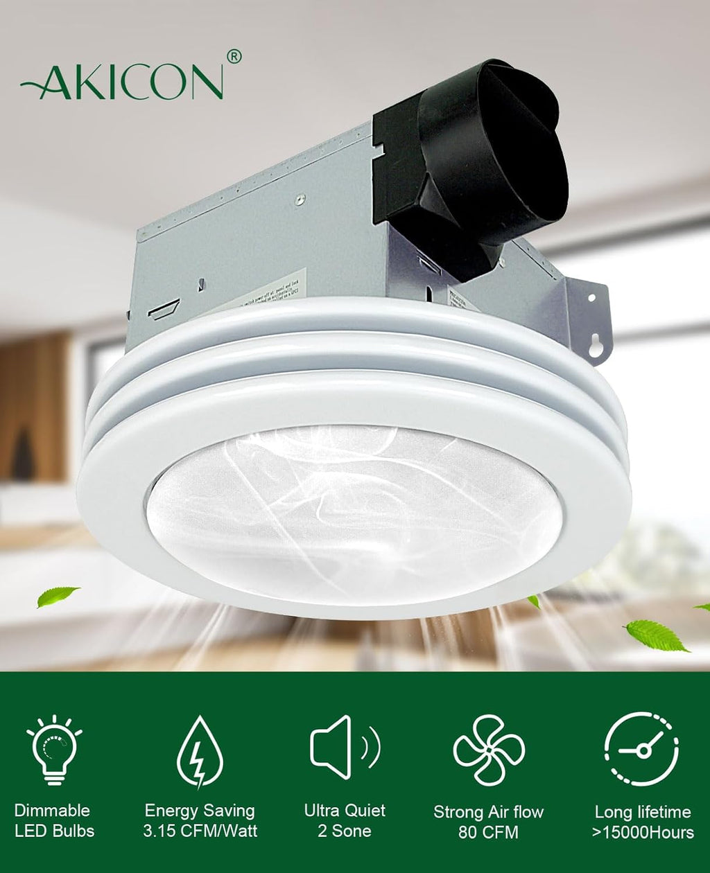 Akicon Exhaust Fan with Light, Ultra Quiet 80 CFM 2.0 Sones Ventilation Exhaust Bathroom Fan with Light, 3000K/4000K/5000K Selectable LED Light (Satin White)