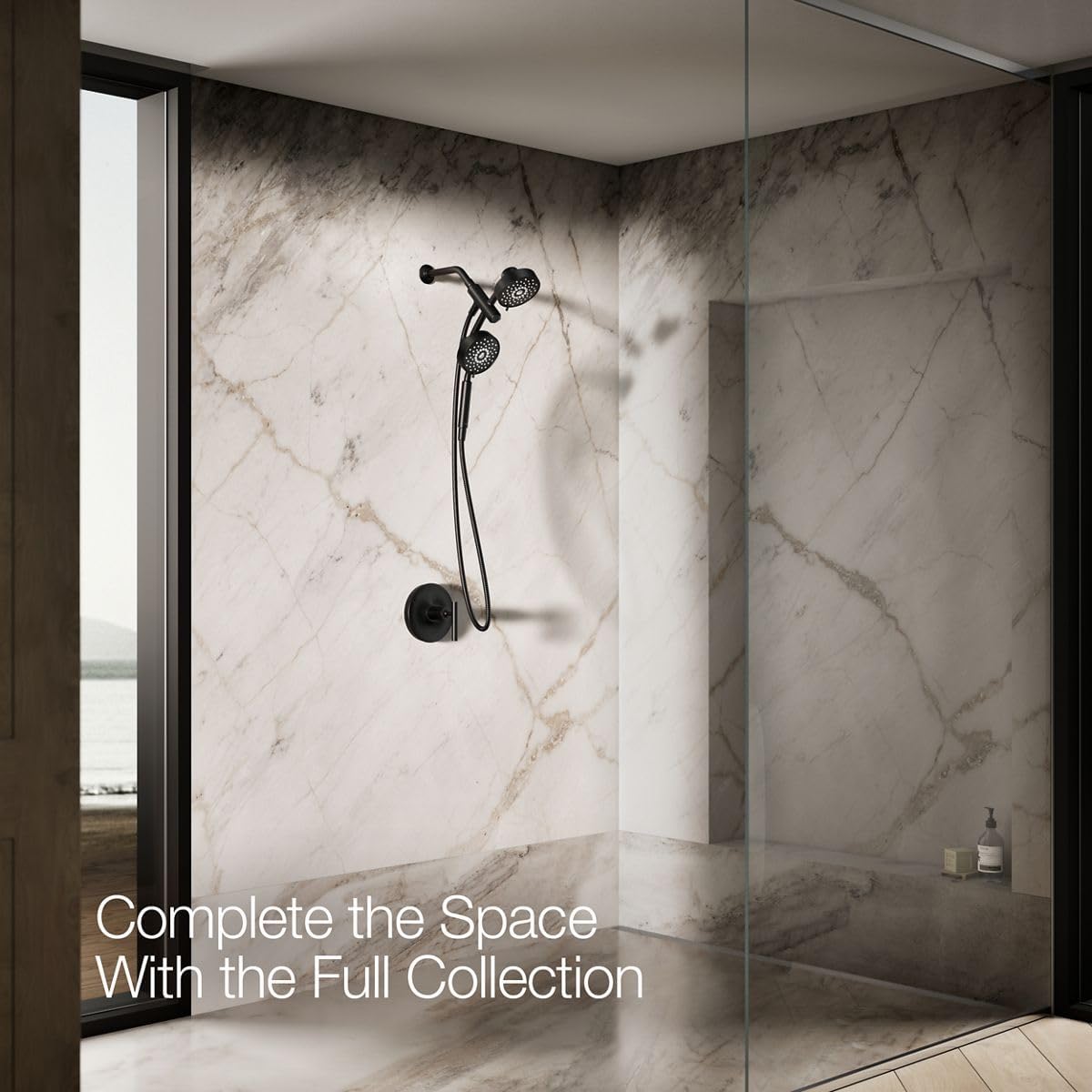 KOHLER 23219-BL Purist 2-in-1 Multi Function Shower Kit includes SHOWERHEAD & HAND SHOWER, Full Coverage Spray & Rotating Rail, Matte Black, 2.5 GPM