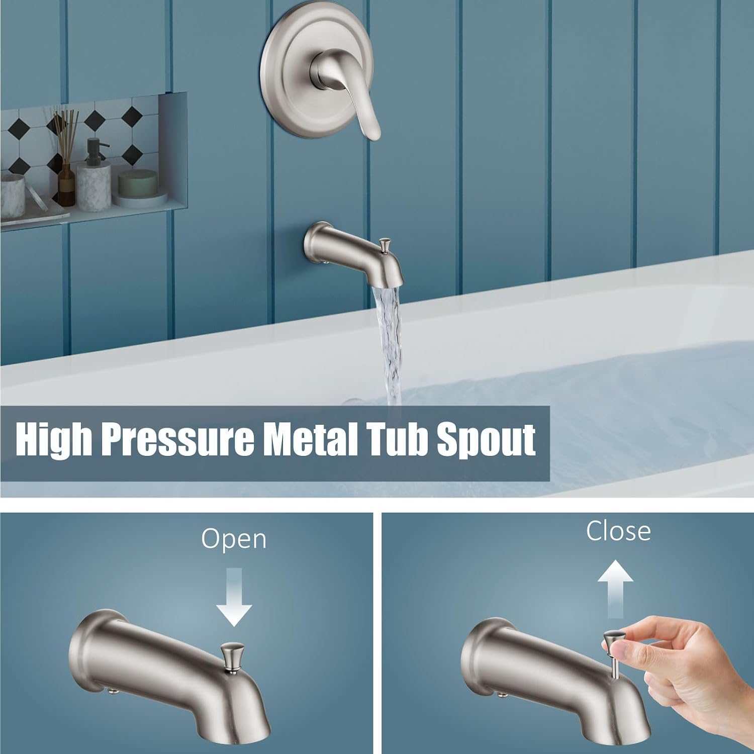 Aolemi Shower Faucet Set with Tub Spout Rain Shower Head System Shower Trim Kit Pressure Rough-in Valve Included ABS 8 Setting Dual Shower Head and Handheld Spray Brushed Nickel