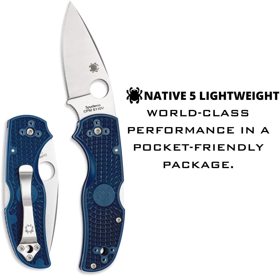 Spyderco Native 5 Lightweight Folding Knife with 2' CPM S110V Steel Blade and FRN Handle - EDC Knife for Men and Women, Perfect for Hunting, Tactical, Camping, Survival, Hiking - PlainEdge - C41PDBL5