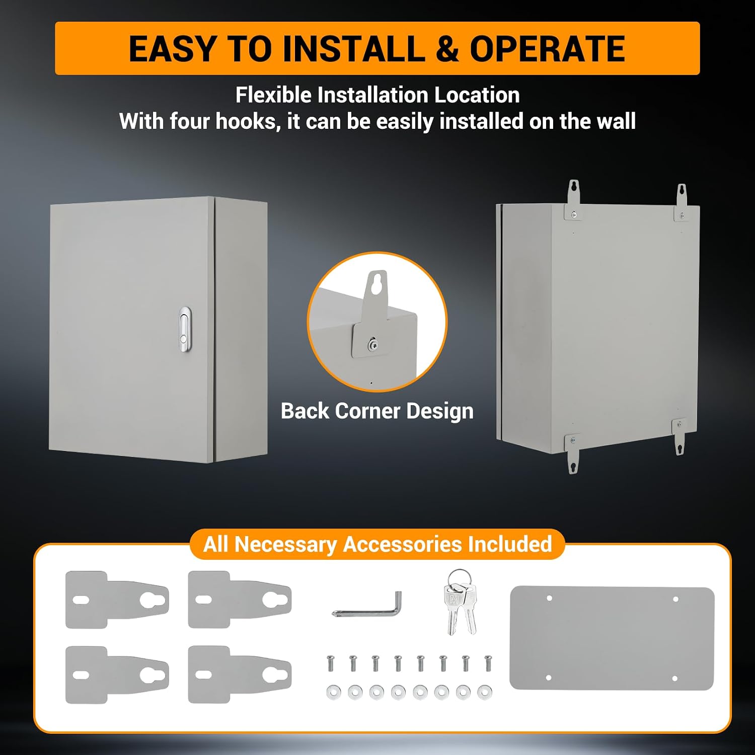 Outdoor Electric Meter Box 24 * 16 * 12inch, IP66 Waterproof Dustproof, NEMA 4X Enclosure Lockable Steel Junction Box with Mounting Plate and 2 Keys, Indoor & Outdoor Use