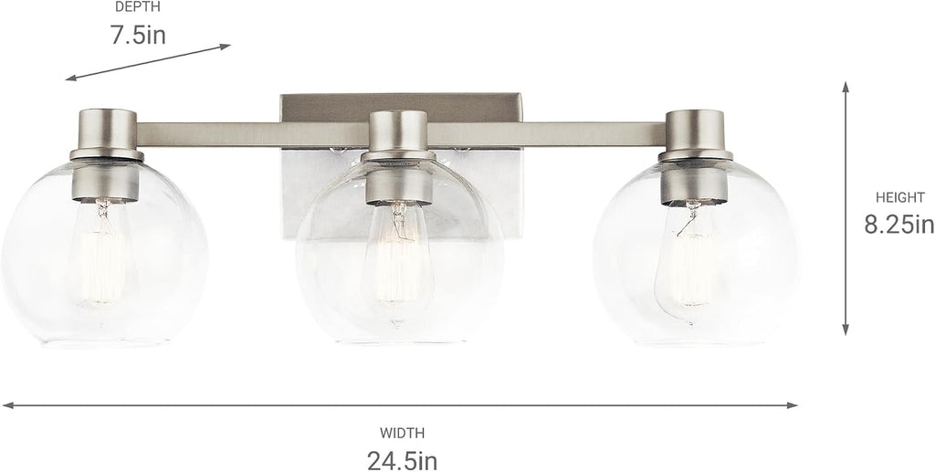 Kichler Harmony 24.5' Vanity Light in Brushed Nickel, 3-Light Traditional Bathroom Vanity with Clear Glass, (24.5' W x 8.25' H), 45894NI