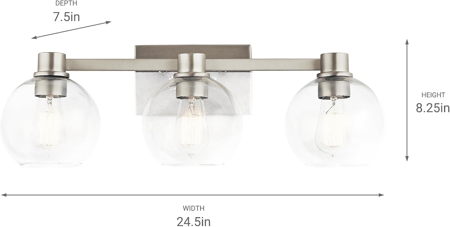 Kichler Harmony 24.5' Vanity Light in Brushed Nickel, 3-Light Traditional Bathroom Vanity with Clear Glass, (24.5' W x 8.25' H), 45894NI