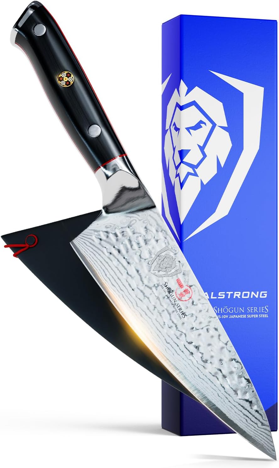 Dalstrong Chef Knife - 6 inch Blade - Shogun Series ELITE - Damascus - Japanese AUS-10V Super Steel - G10 Black Handle - Razor Sharp Kitchen Knife - Hammered Finish Chef's Knife - Sheath