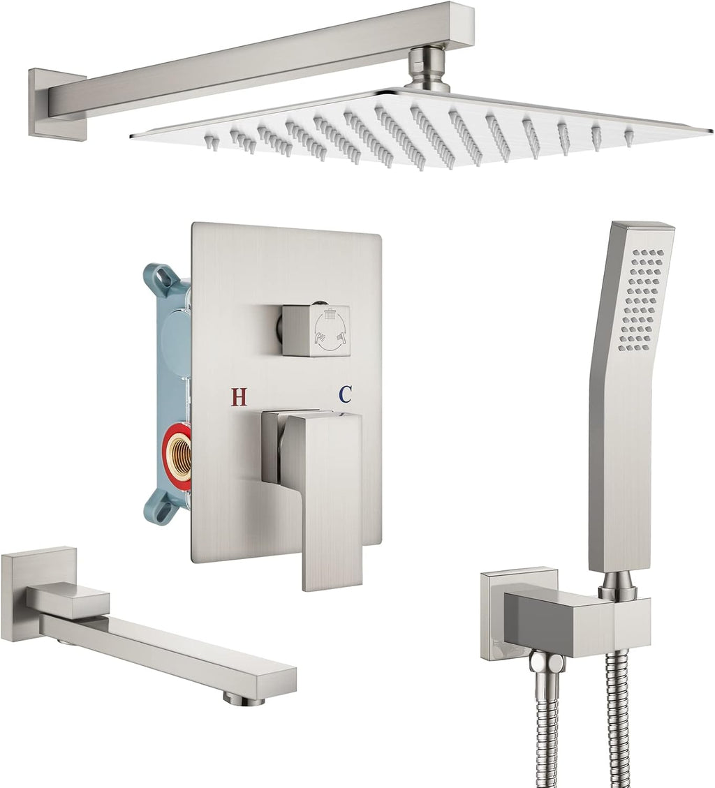 gotonovo Rainfall Tub Shower Faucet Set Bathroom Shower System with Tub Spout Wall Mount Square High Pressure Shower Fixtures with Handheld Sprayer Rough-In Valve 12'' Shower Head,Brushed Nickel