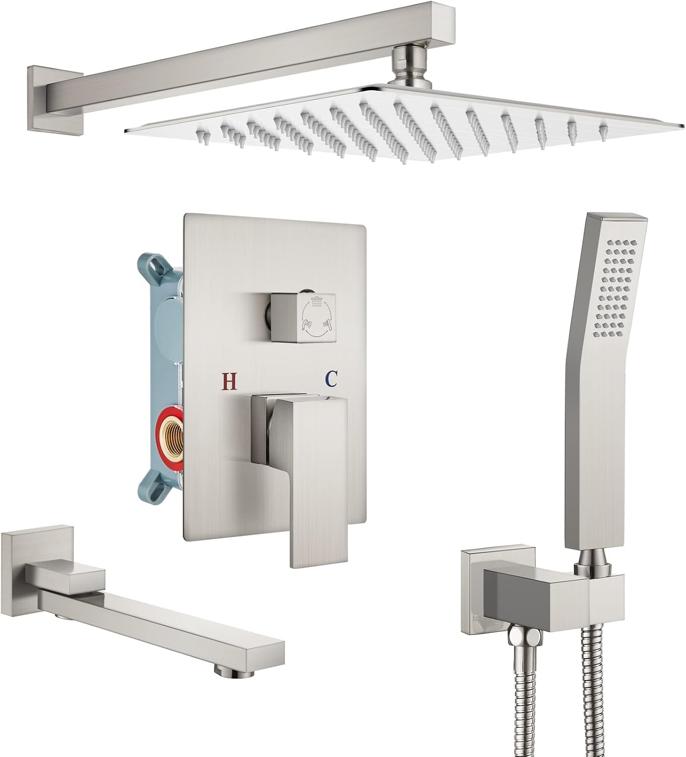 gotonovo Rainfall Tub Shower Faucet Set Bathroom Shower System with Tub Spout Wall Mount Square High Pressure Shower Fixtures with Handheld Sprayer Rough-In Valve 12'' Shower Head,Brushed Nickel