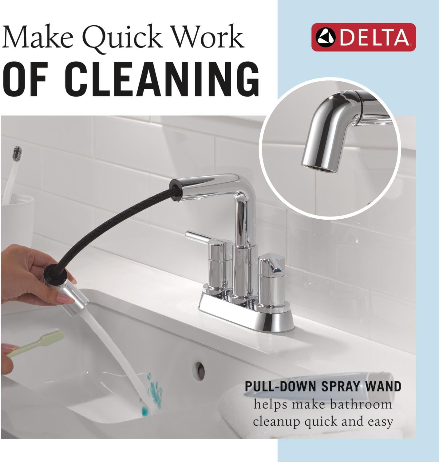 Delta Nicoli Centerset Chrome Bathroom Faucet with Sprayer, 4 Inch 3 Hole Bathroom Sink Faucet with Pull Out Sprayer, Push-Pop Drain, Chrome 25849LF-PD