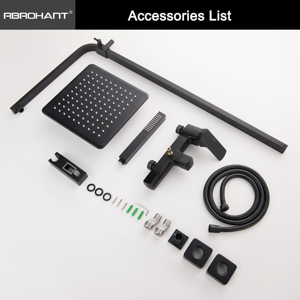 RBROHANT 3 Functions Exposed Shower System, Matte Black Exposed Shower Faucet Set, 10 Inch Rain Shower Head with Handheld and Tub Spout,Shower Height Adjustable, Wall Mounted