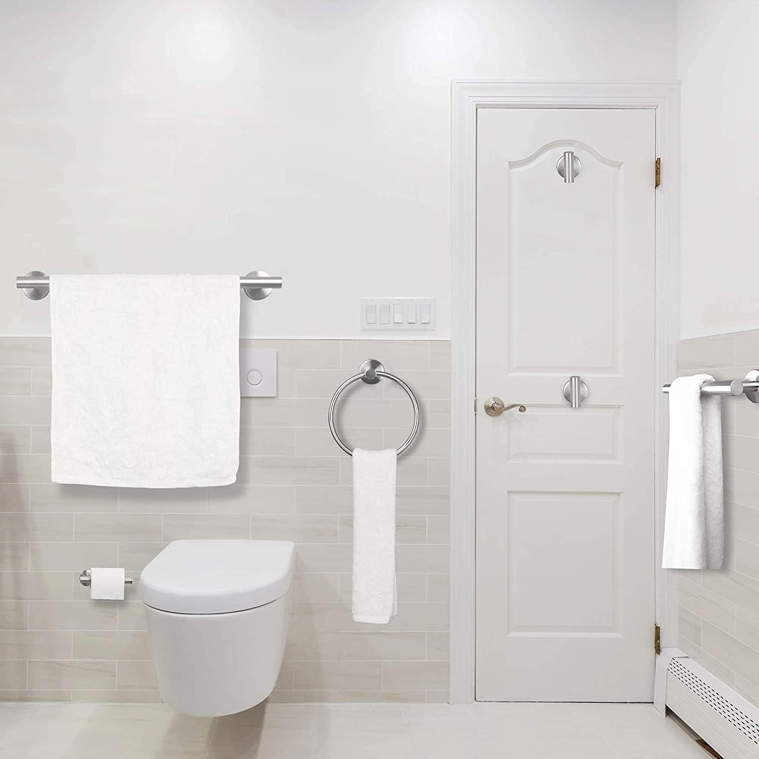6-Pieces Bathroom Hardware Set SUS304 Stainless Steel Round Wall Mounted Includes Hand Towel Bar,Toilet Paper Holder,Robe Towel Hooks,Bathroom Accessories Kit On-Site (Brushed Nickel)