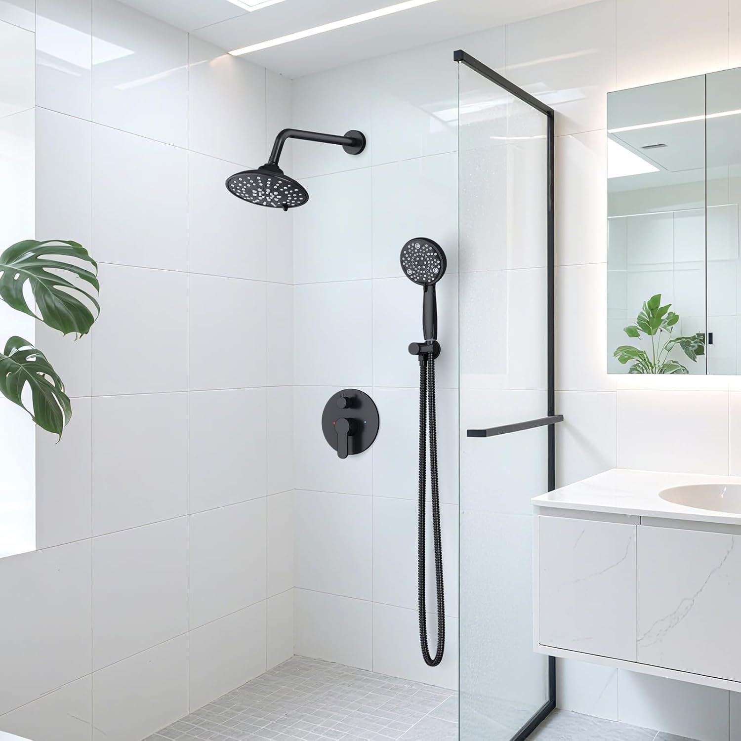 EMBATHER Black Shower Faucets Sets - Overhead Rain Head Shower System with 8-Mode High Pressure Handheld Complete Combo and Mixer Valve Trim Kit - 3-Way Rainfall Shower Fixture for Luxury Bathroom