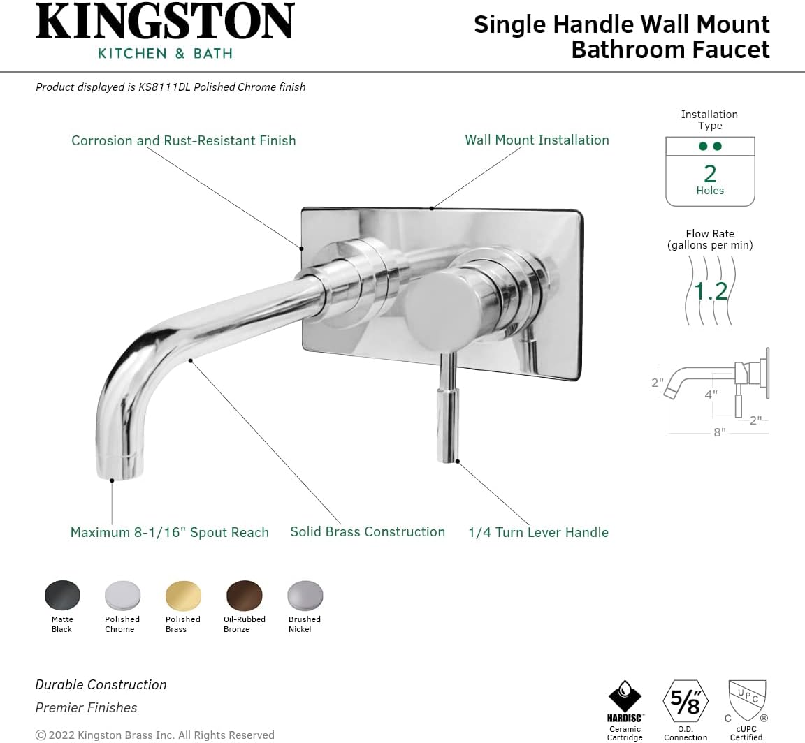Kingston Brass KS8112DL Single-Handle Wall Mount Bathroom Faucet, Polished Brass