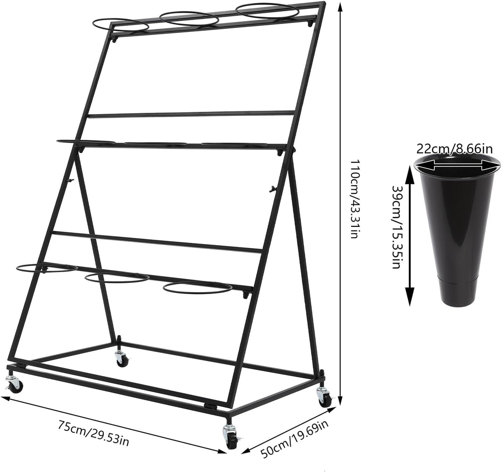 Flower Display Stand with 9Pcs Black Round Buckets, 3 Layers Black Metal Plant Holder with Wheels, Moving Florist Bouquet Shelf for Fresh Flowers Shop Patio Garden Outdoor Flower Pop-Up Events