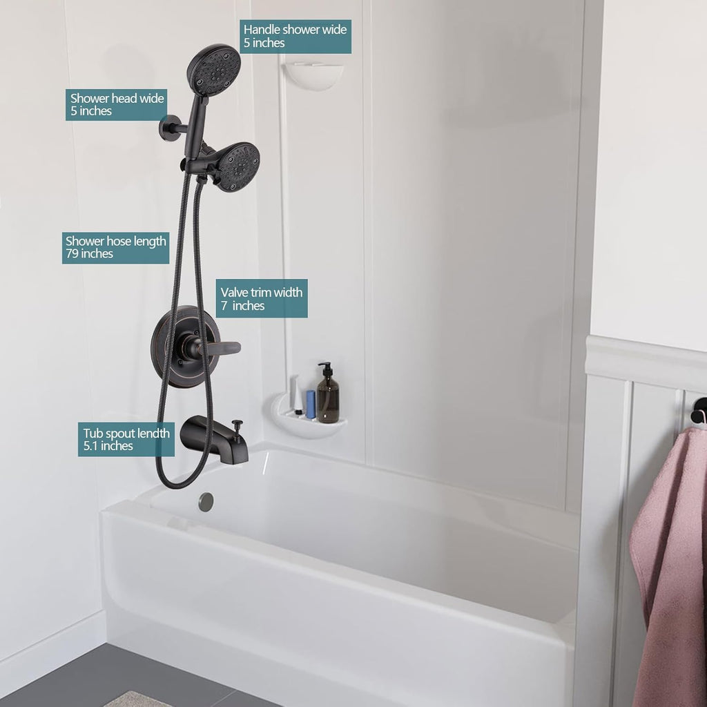 5' Dual Shower Faucet Compatible with Delta 13/14 Series Tub Trim Kit, High Pressure Round Rain Shower Head& Handheld Set Faucet, Oil Rubbed Bronze (Valve& Catridge Not Inclued)